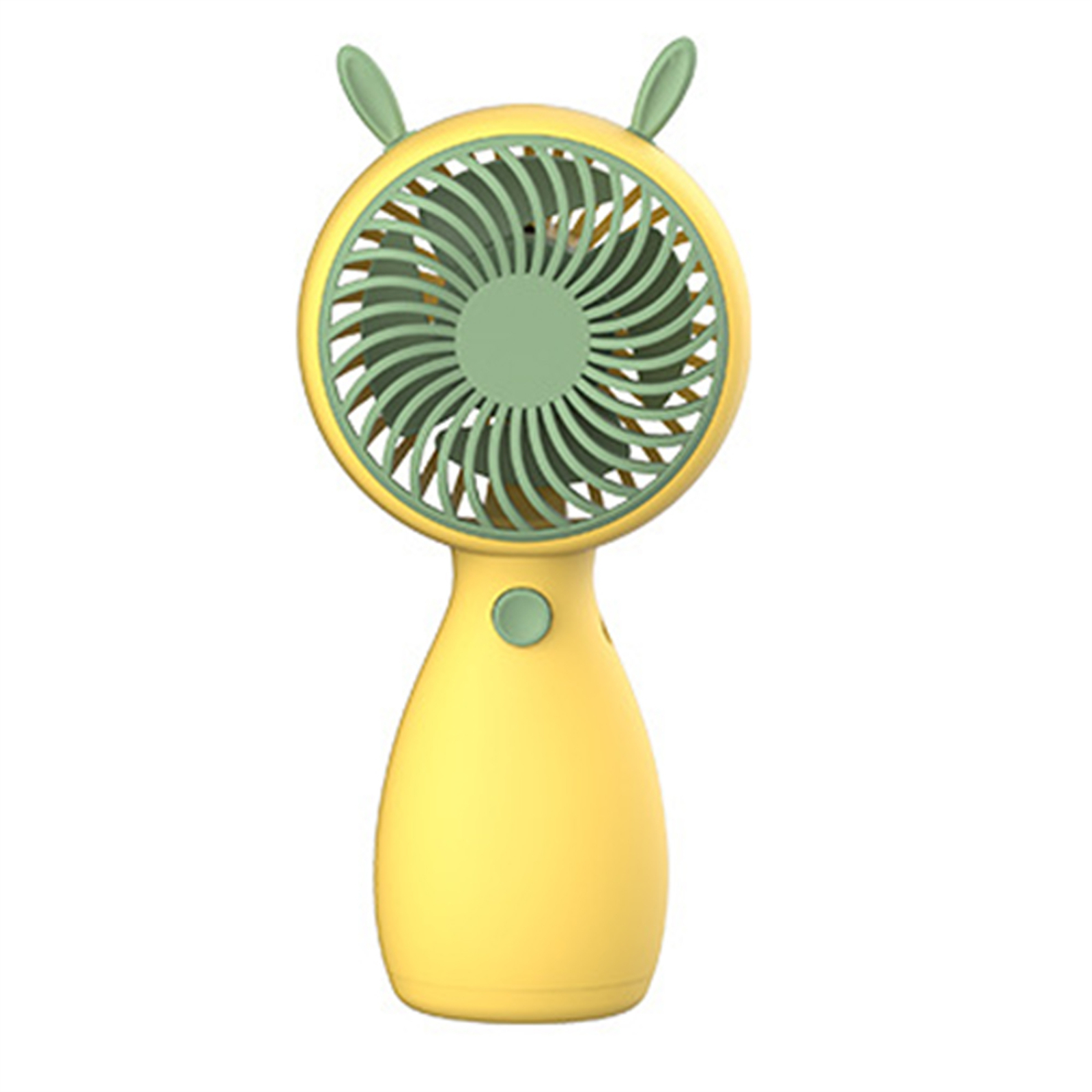 Ein gelber Handventilator mit grünen Blättern und Hasenohren-Design, weißer Hintergrund.