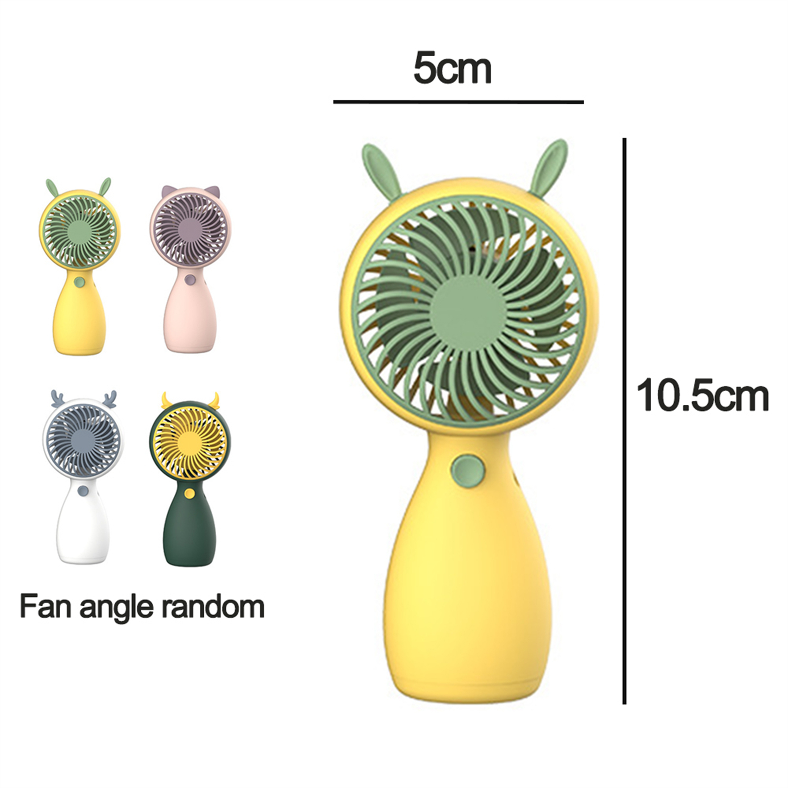Gelber Handventilator mit grünen Flügeln und einem grünen Knopf. Mehrere Fandesigns werden gezeigt.