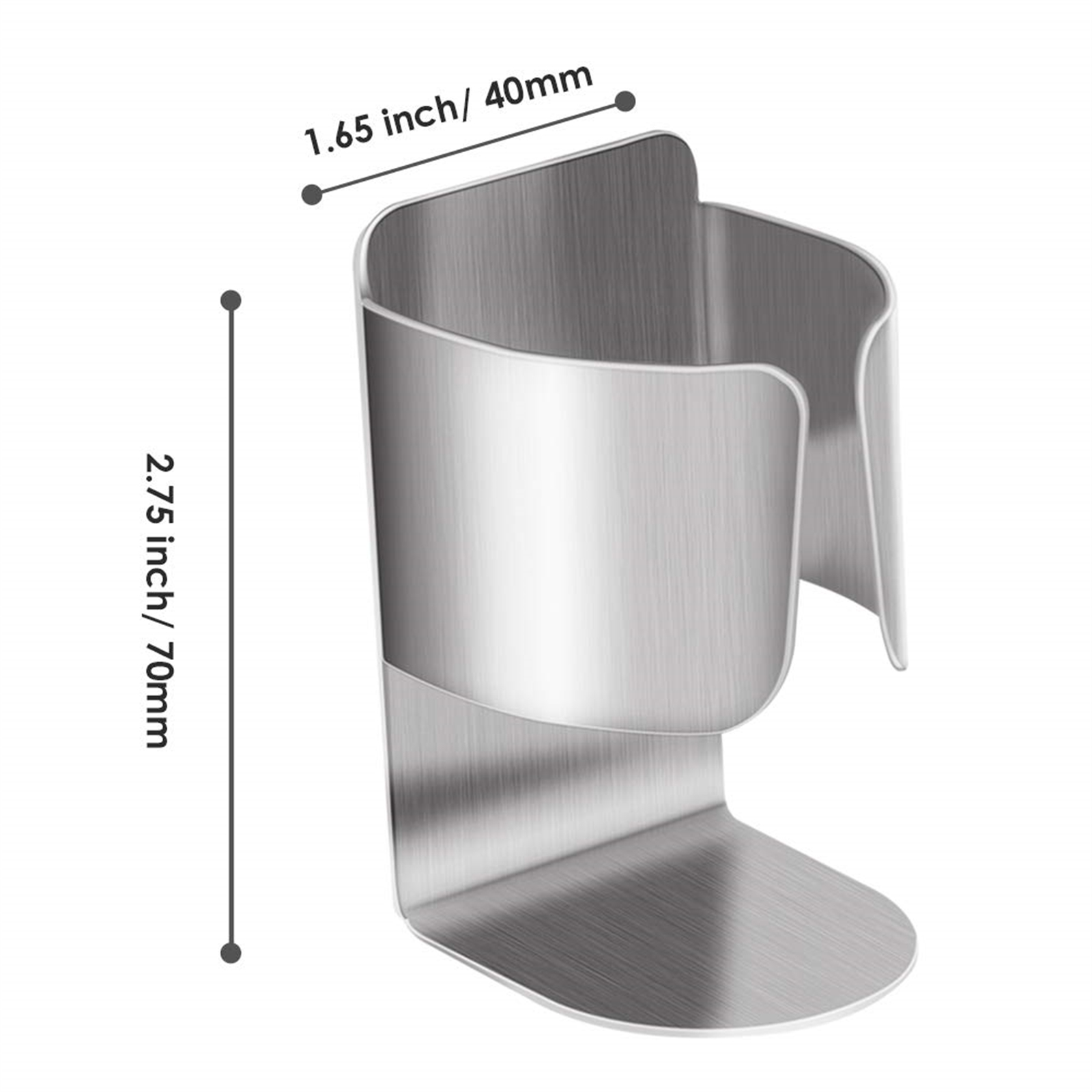 Ein silberner Metallbecherhalter. Er hat ein gebogenes Design und misst 2,75 Zoll und 1,65 Zoll.