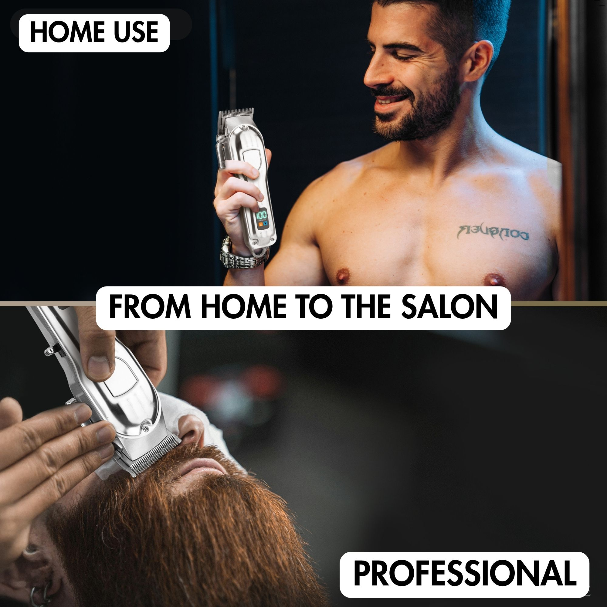Twee afbeeldingen: een man die thuis een tondeuse gebruikt en een barbier die een tondeuse gebruikt.