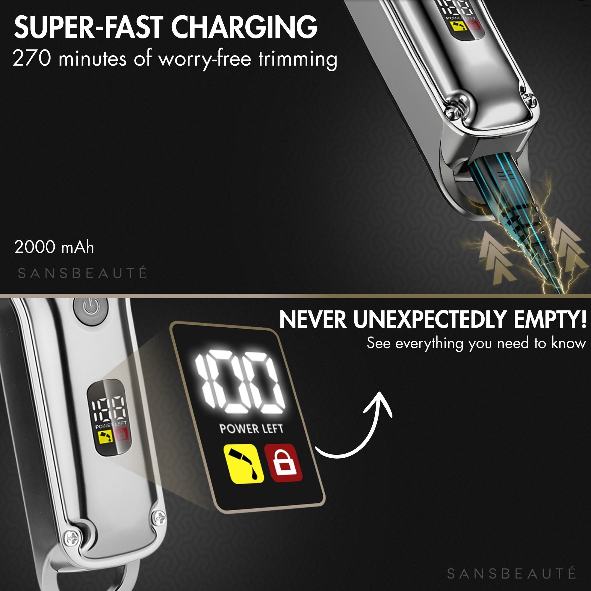 Gros plan d'une tondeuse à cheveux montrant le niveau de puissance et la charge, avec du texte sur la charge rapide.