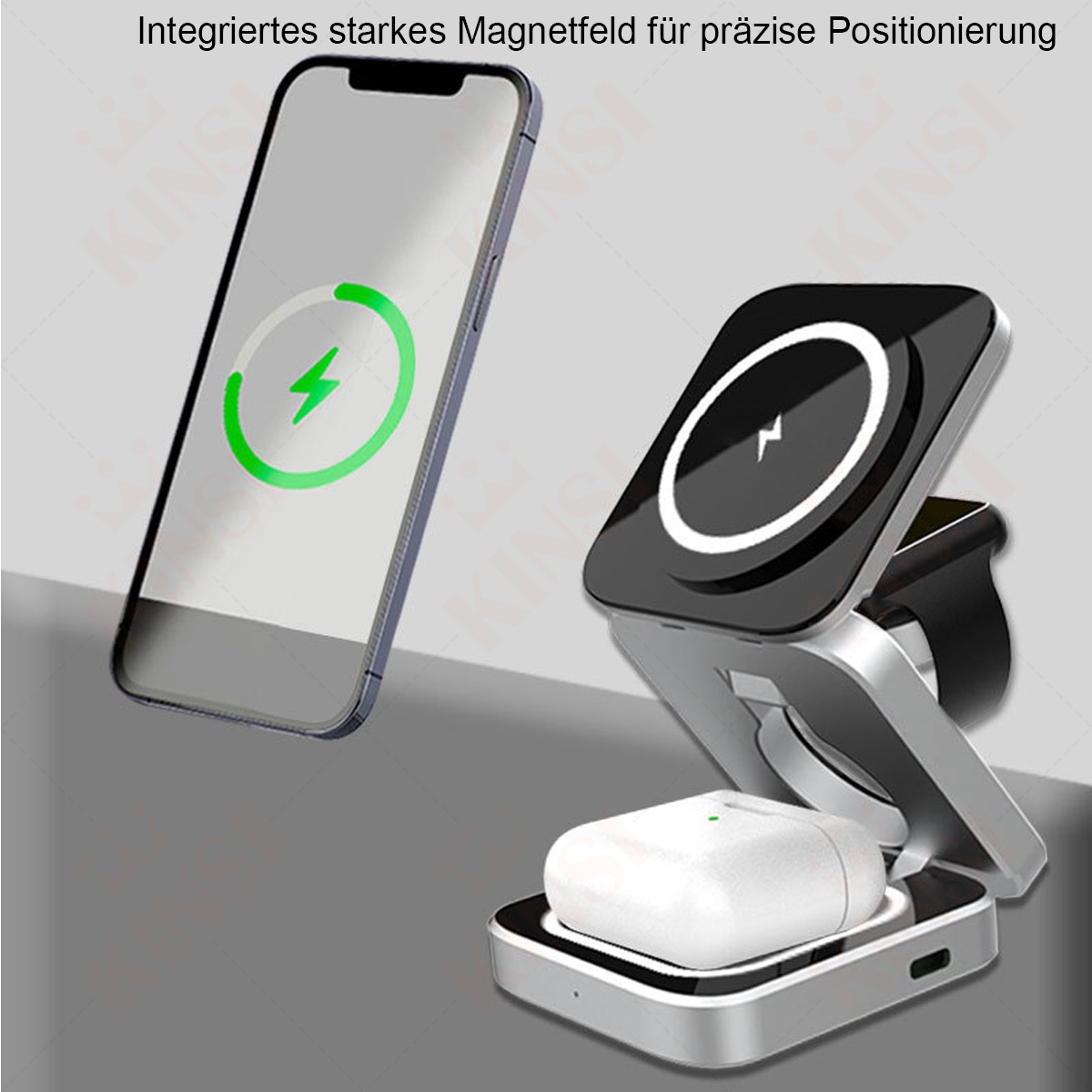 Ein Telefon und Ohrhörer, die auf einem kabellosen Ladegerät geladen werden. Das Telefon zeigt ein Ladesymbol an.