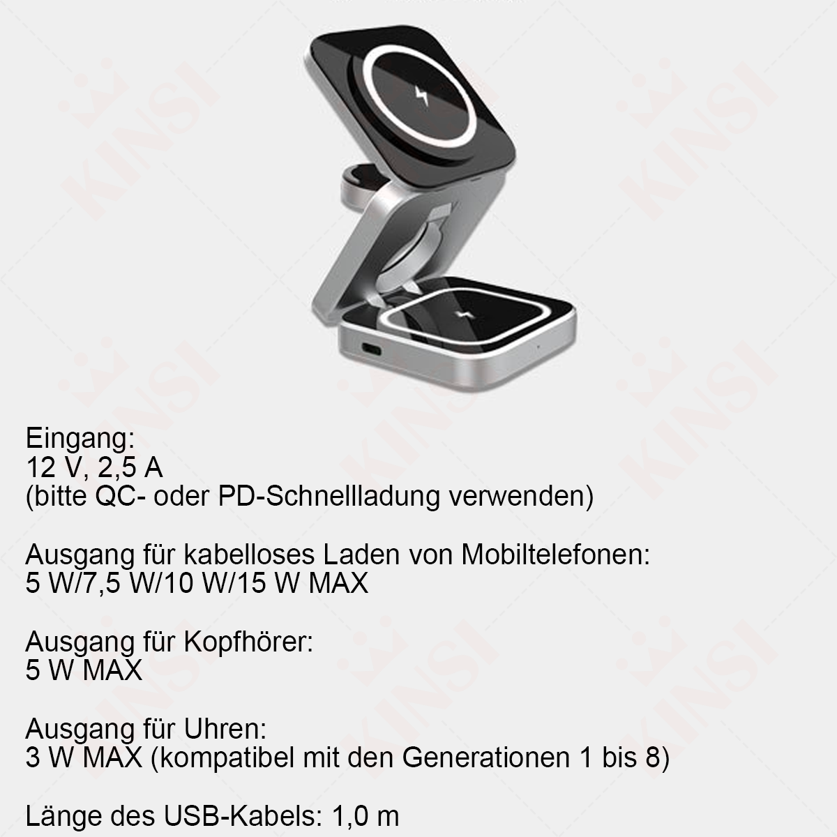 Ein silbernes und schwarzes kabelloses Ladegerät mit drei Ladebereichen. Text liefert Eingangs- und Ausgangsdetails.