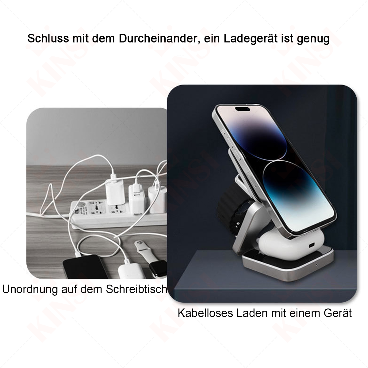 Ein Foto, das einen unordentlichen Schreibtisch und eine kabellose Ladestation mit Geräten zeigt, was organisiertes Laden suggeriert.