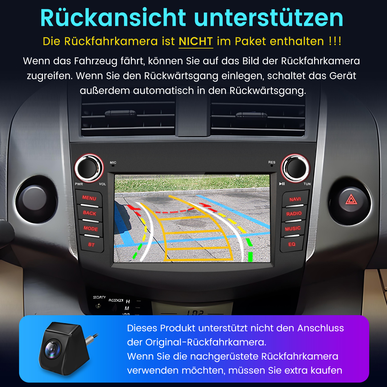 Armaturenbrett eines Autos mit Rückfahrkameraansicht. Eine kleine Kamera wird unten gezeigt. Text ist vorhanden.