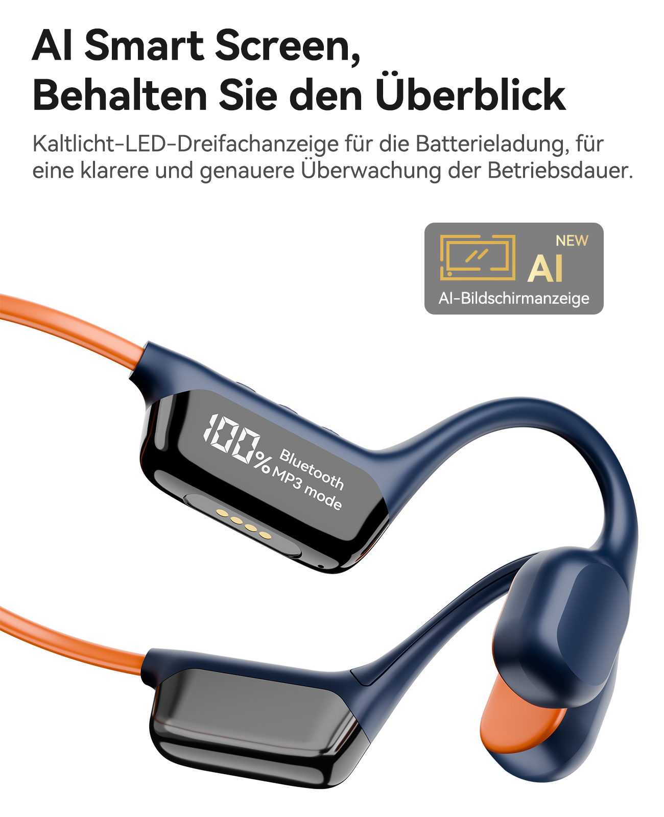 Ein Paar blau-orange Knochenleitungskopfhörer mit digitaler Anzeige des Batteriestatus.