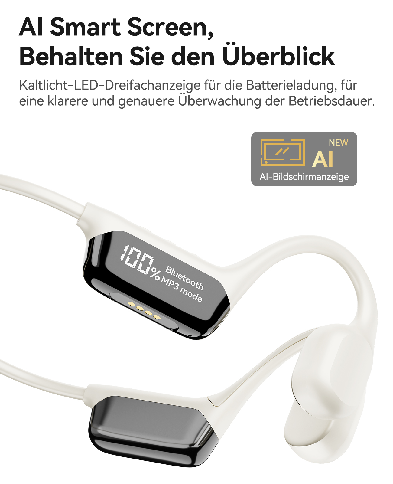 Nahaufnahme von weißen Knochenschallkopfhörern. Der Bildschirm zeigt 100% Bluetooth MP3-Modus an.