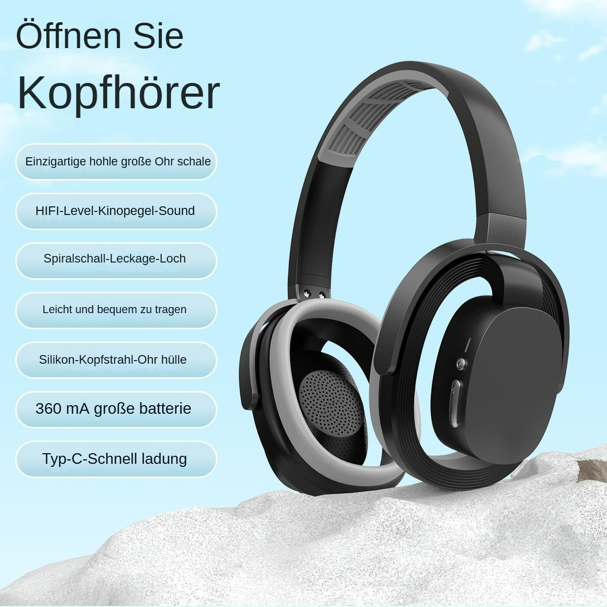 Over-Ear-Kopfhörer in Schwarz und Grau werden gezeigt. Text hebt Funktionen wie HiFi-Sound und Silikonhülle hervor.