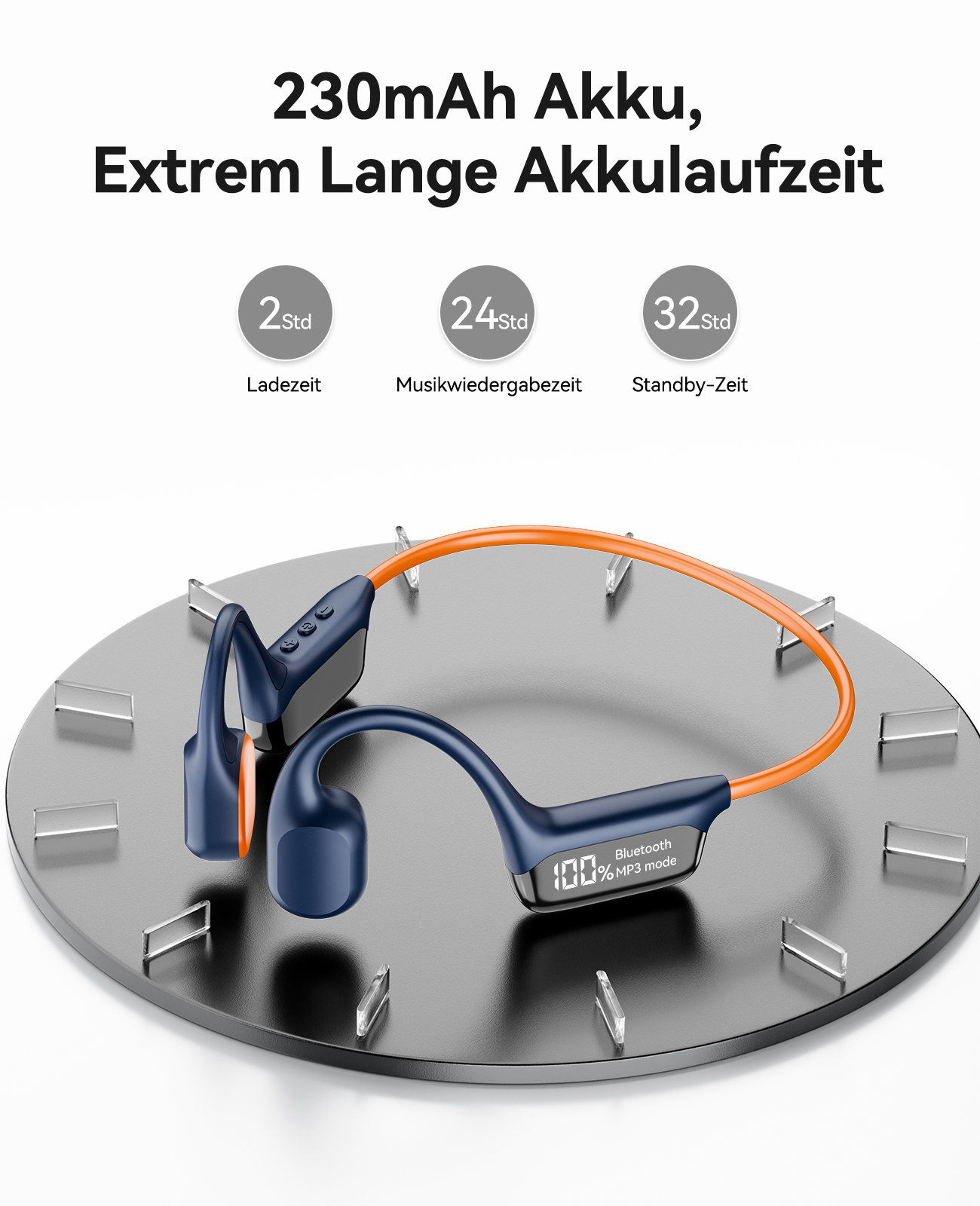 Blau-orangefarbene Knochenschallkopfhörer auf dunkler Oberfläche. Text zeigt Lade-, Musik- und Standby-Zeiten.