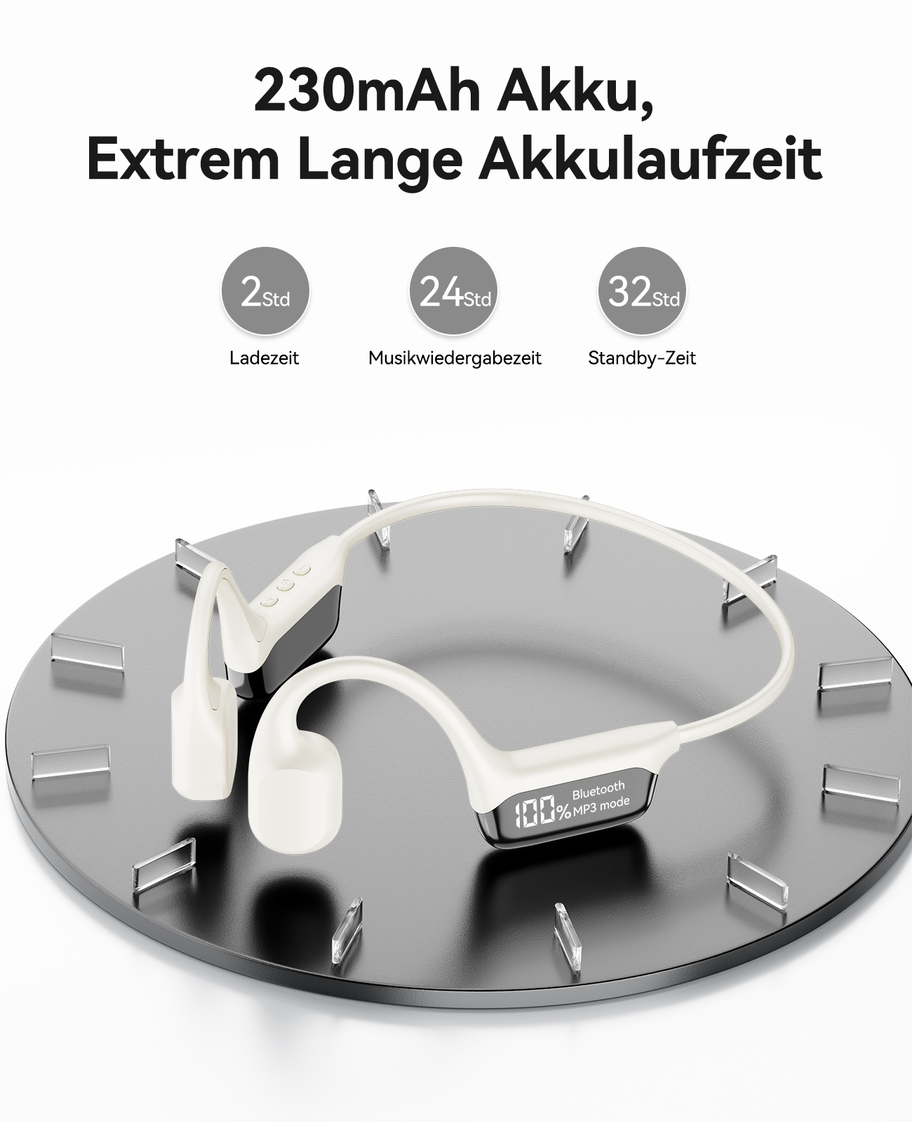 Weiße Knochenschallkopfhörer liegen auf einer schwarzen Oberfläche. Der Text zeigt 2 Stunden Ladezeit, 24 Stunden Musik und 32 Stunden Standby-Zeit.