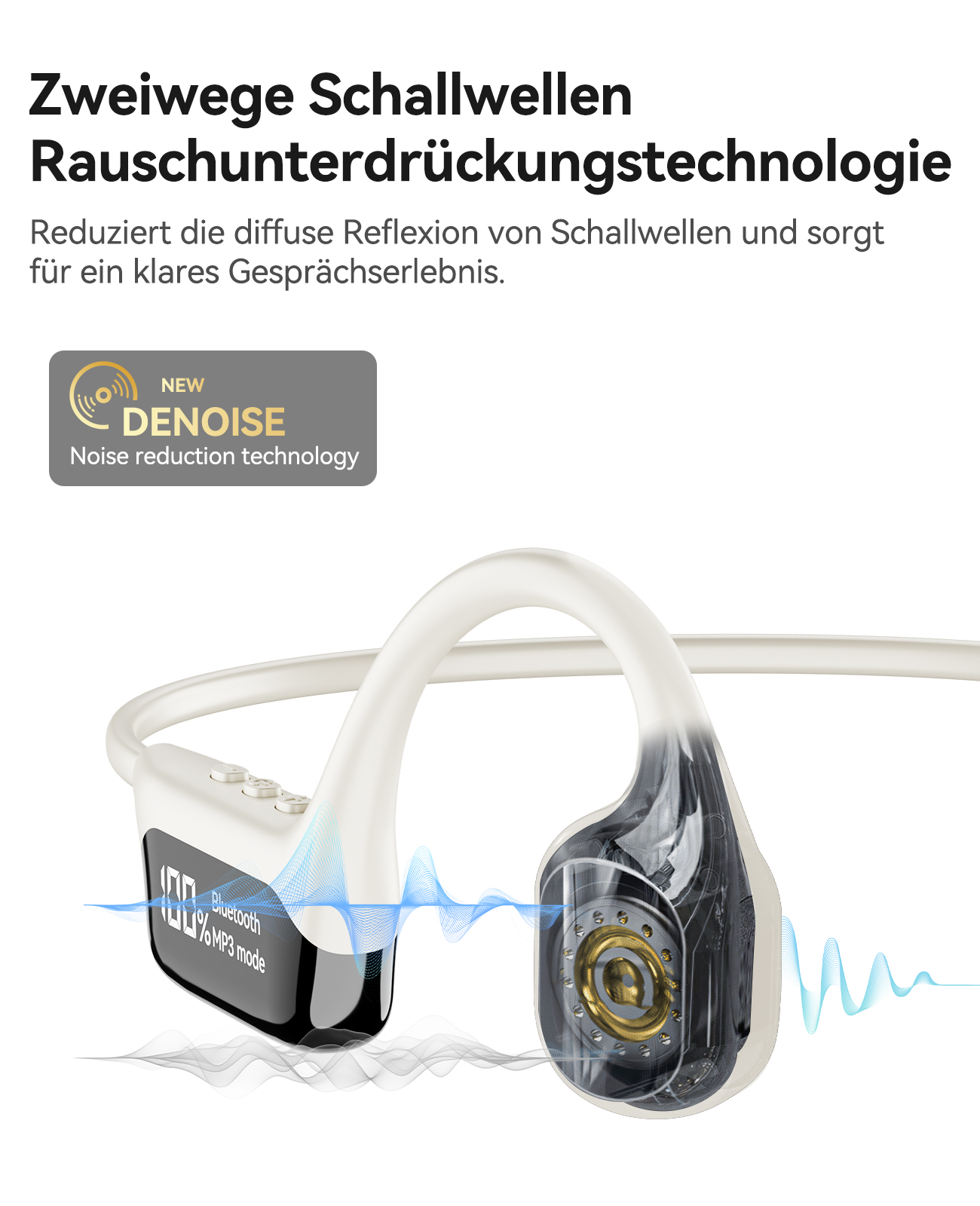 Kopfhörer mit Text: Zweiwege Schallwellen Rauschunterdrückungstechnologie.