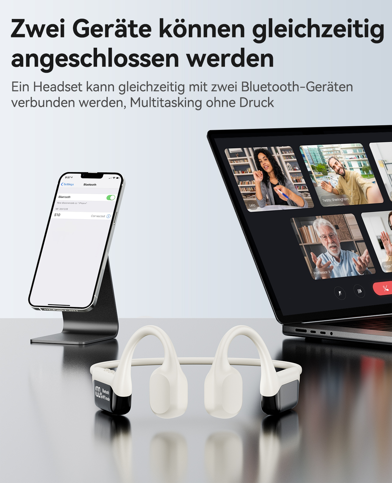 Telefon und Laptop mit Kopfhörern. Text: Zwei Geräte können gleichzeitig angeschlossen werden.