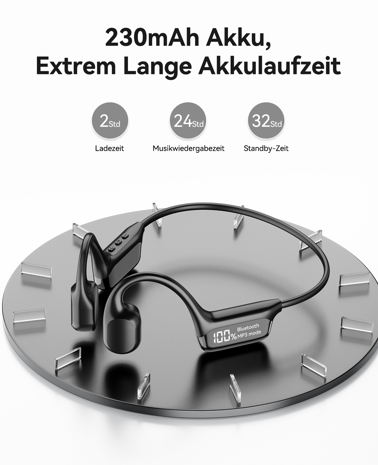 Kopfhörer auf einem Ständer mit Text: 230mAh Akku, Extrem Lange Akkulaufzeit.