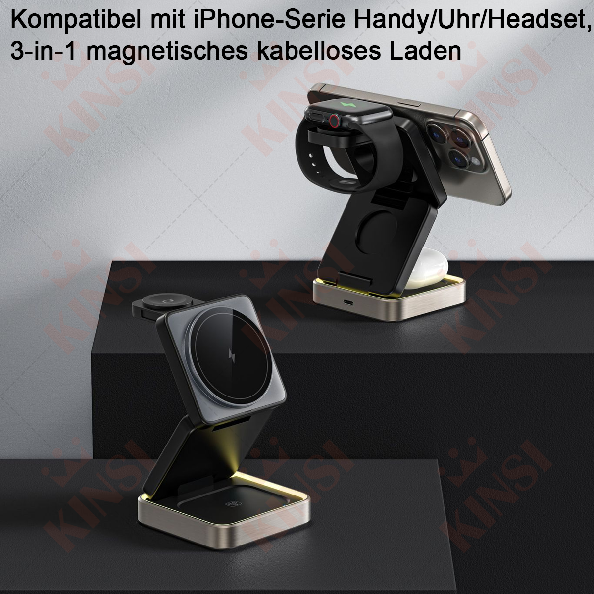Ein kabelloses Ladegerät mit einem Telefon, einer Uhr und Ohrhörern, die darauf geladen werden, auf einem Tisch.
