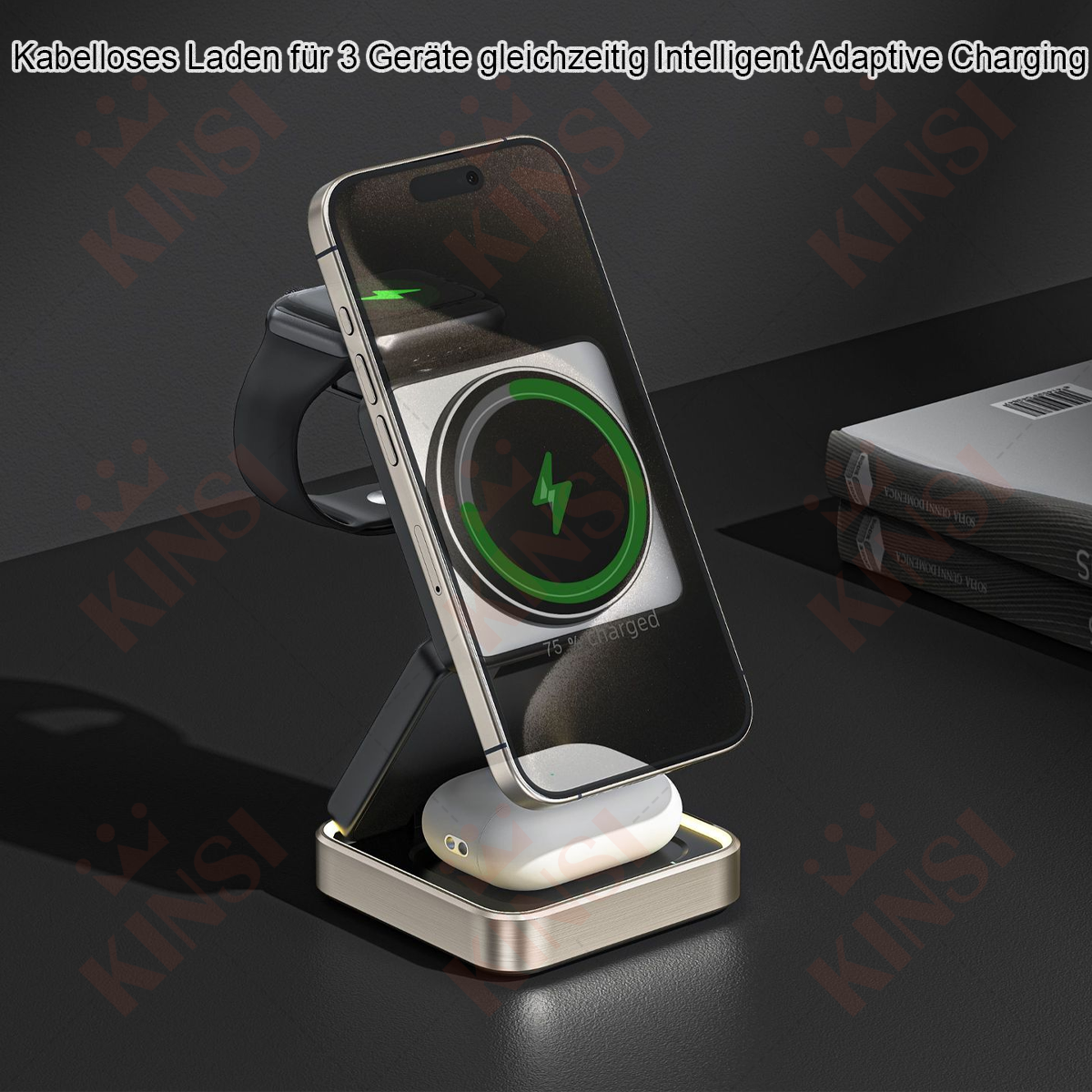 Ein kabelloses Ladegerät mit Telefon, Uhr und Ohrhörern, die geladen werden. Das Telefon zeigt den Ladefortschritt an.