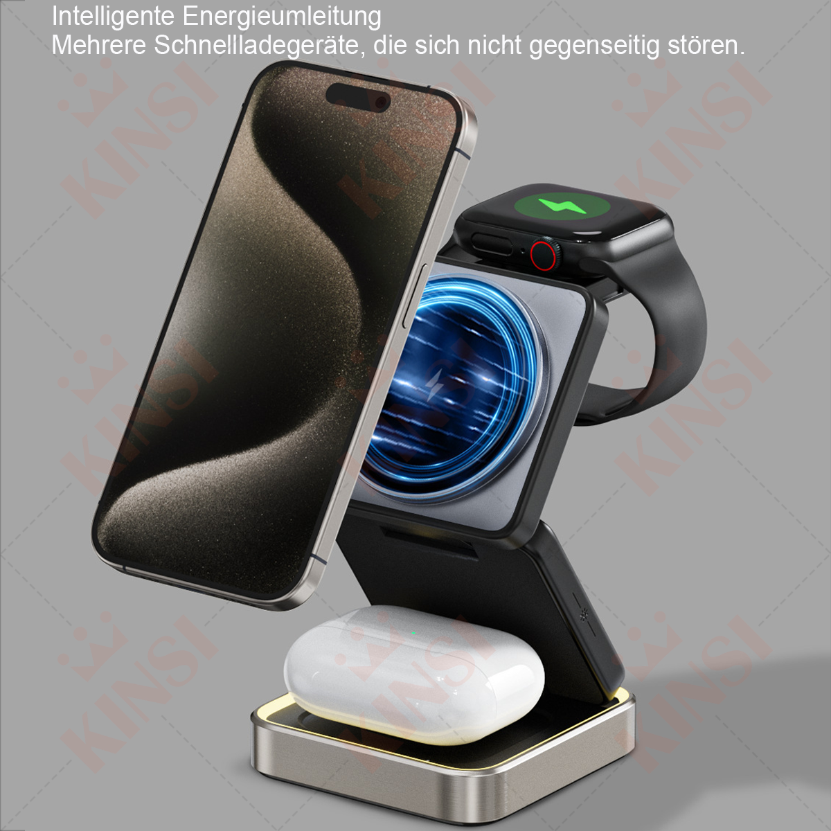 Ein kabelloses Ladegerät mit Telefon, Uhr und Ohrhörern, die gleichzeitig geladen werden. Der Ladestatus ist auf dem Telefon sichtbar.