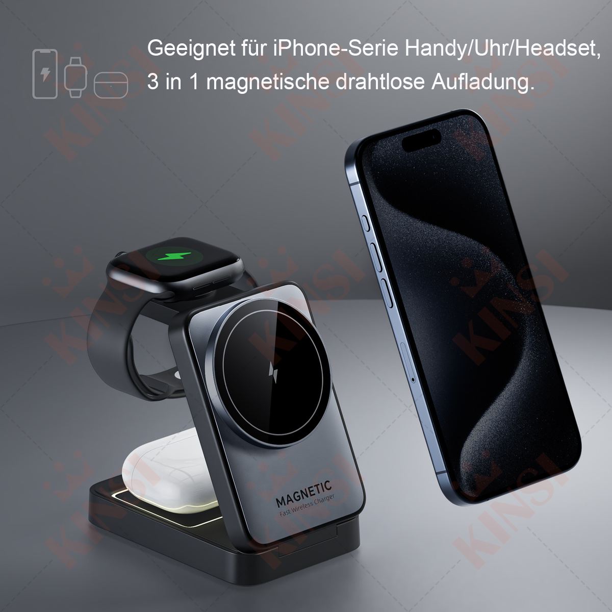 Ein Ladeständer mit Telefon, Uhr und Ohrhörern. Das Wort MAGNETIC ist sichtbar.