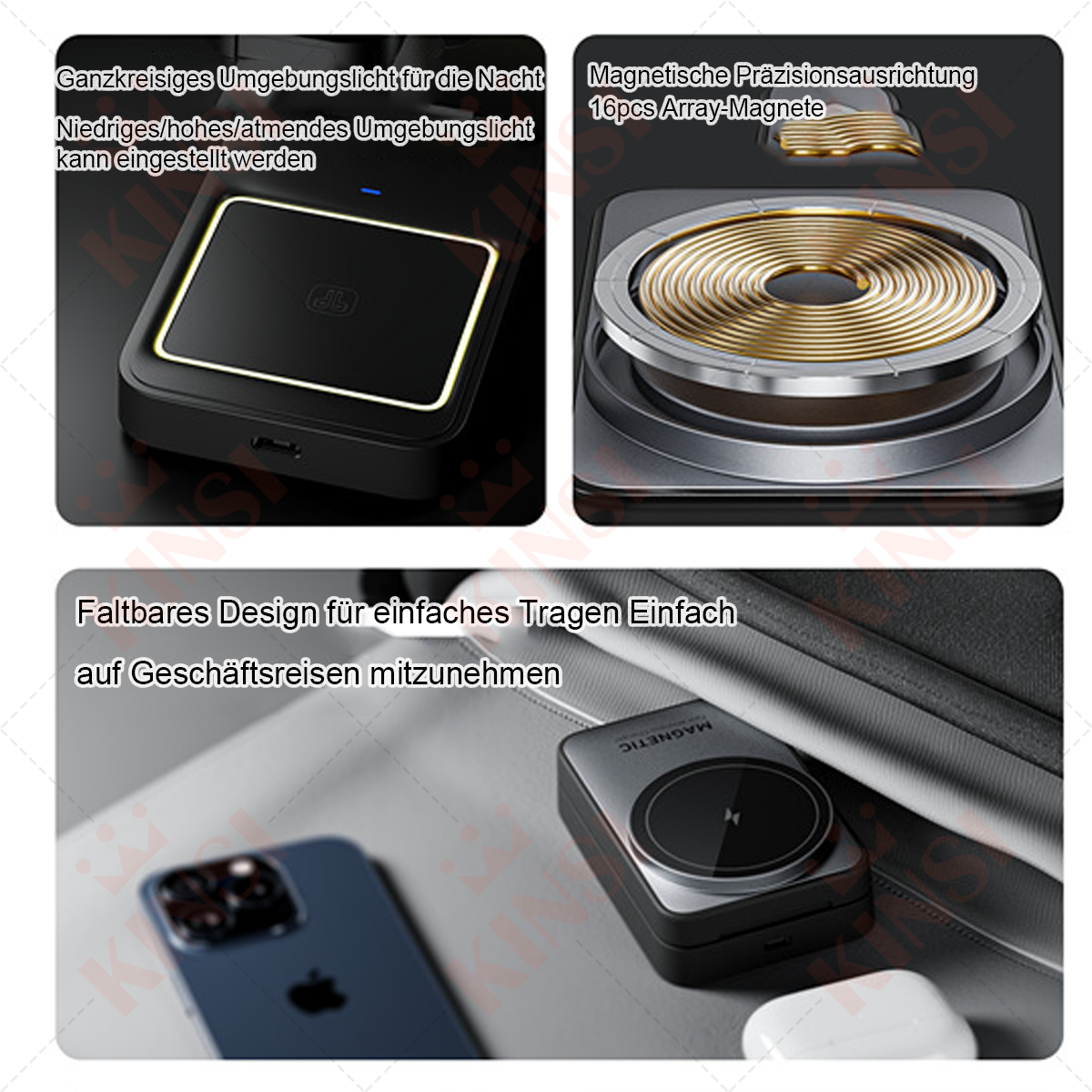 Drei Bilder, die ein Ladepad, ein Telefon und ein faltbares Design zeigen.