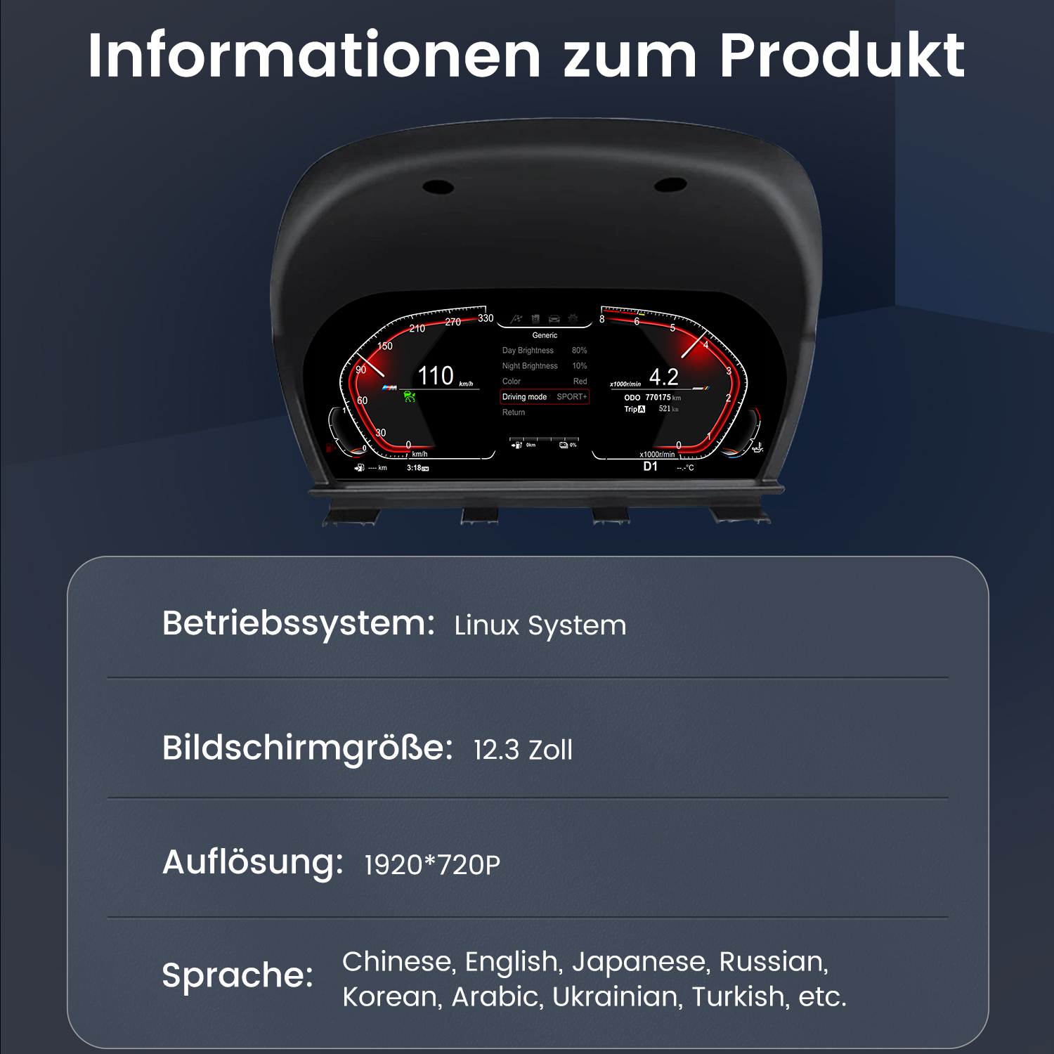 Auto-Armaturenbrett mit Geschwindigkeit, Kraftstoff und anderen Daten. Text auf Deutsch.