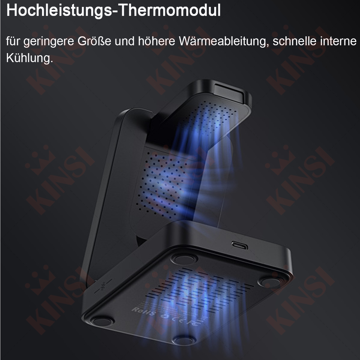 Schwarzes Gerät. Blaue Luftströme. Das Wort KINSI ist sichtbar.