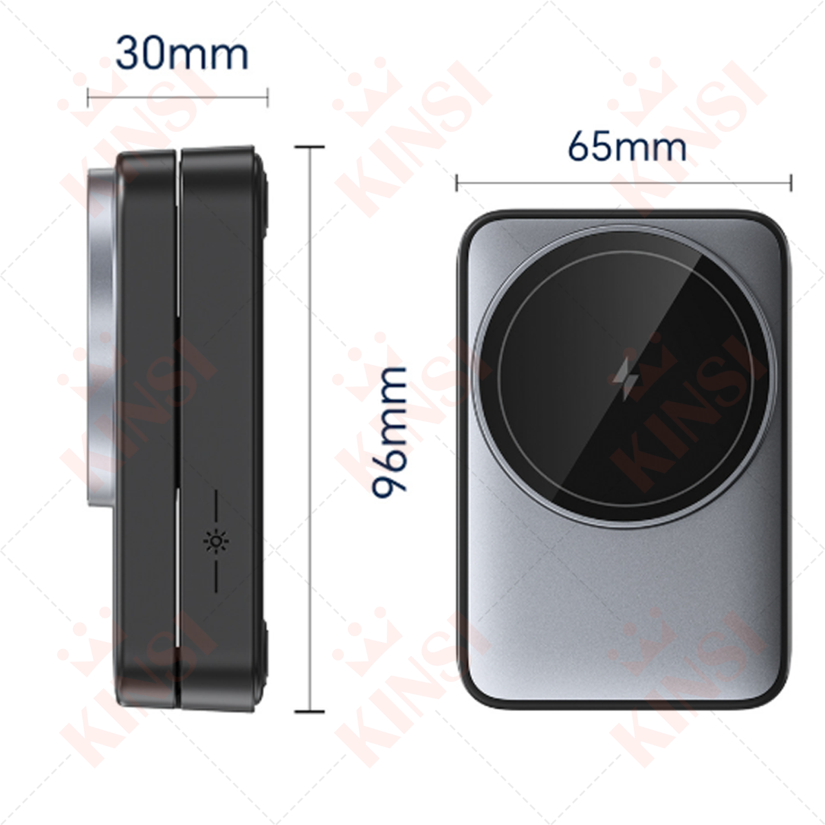Schwarz-graues kabelloses Ladegerät mit den Abmessungen: 30 mm x 96 mm x 65 mm.