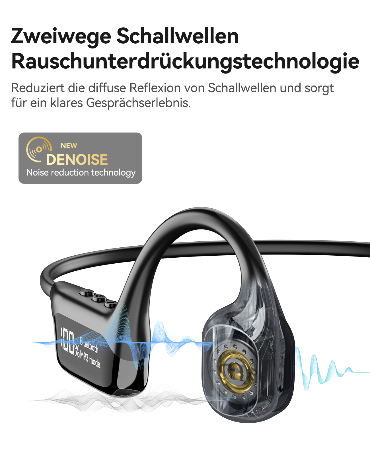 Schwarze und transparente Knochenschallkopfhörer mit blauen Wellenlinien und Text über Geräuschreduzierung.
