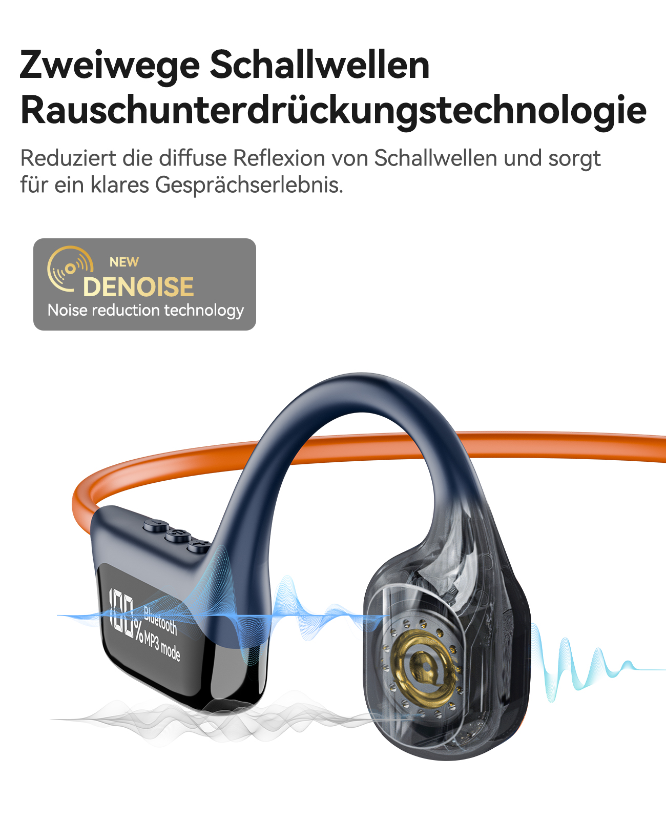 Ein blaues und oranges Headset mit dem Wort DENOISE und der Welle.