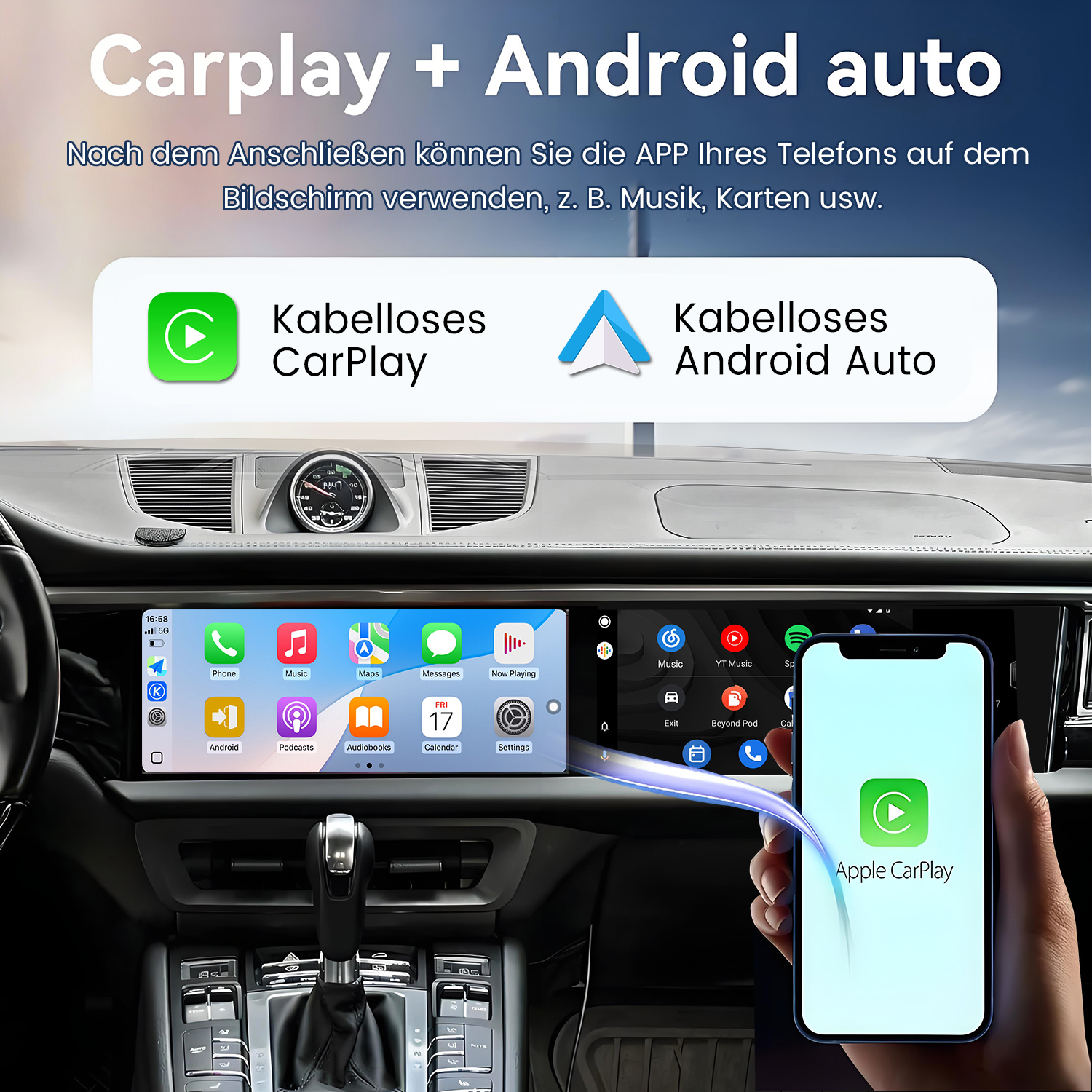 Interfejs Carplay i Android auto na wyświetlaczu samochodowym. Pokazuje ikony aplikacji.