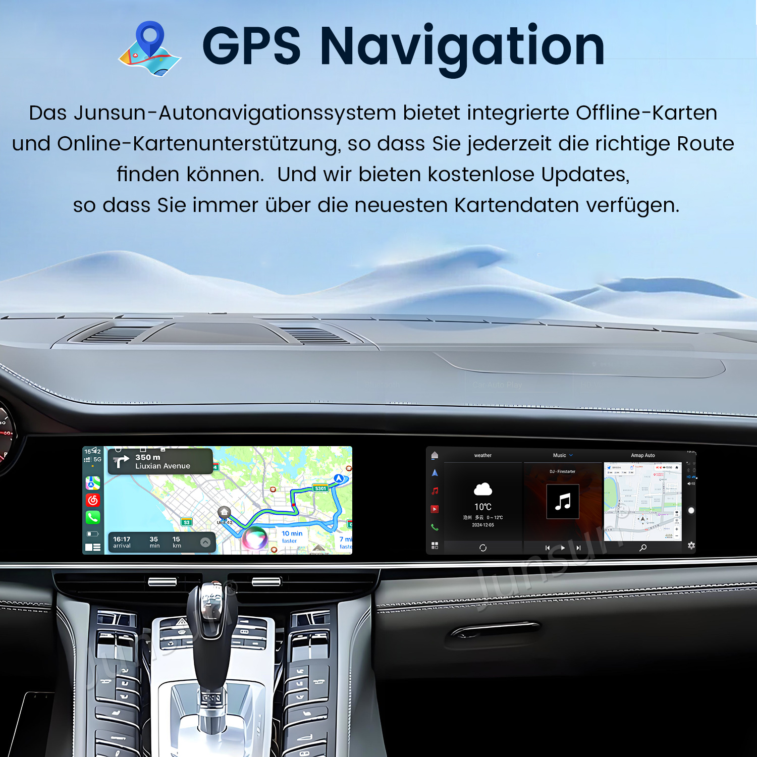 Deska rozdzielcza samochodu z mapą nawigacji GPS i interfejsem muzycznym, we wnętrzu samochodu.