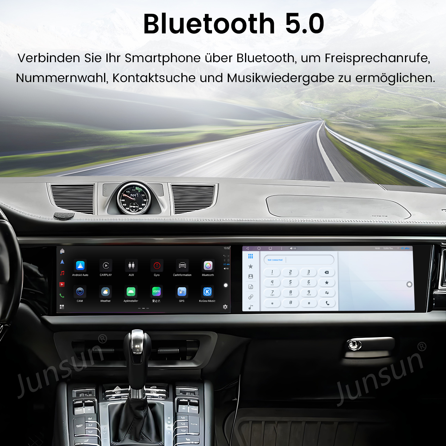 Deska rozdzielcza samochodu wyświetlająca interfejs wybierania numeru telefonu, ze sceną drogową w tle i tekstem Bluetooth.
