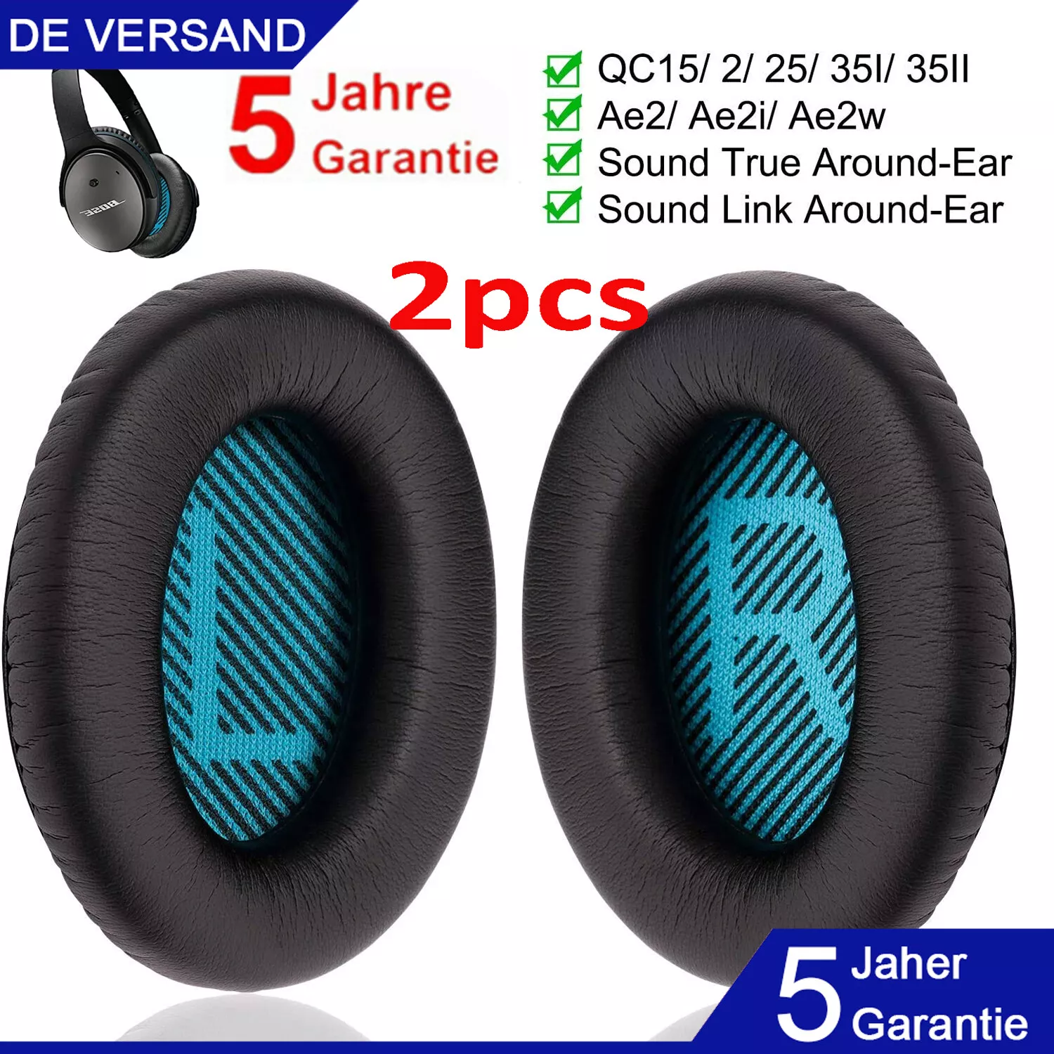 Paar schwarze Ohrpolster mit blau gemustertem Stoff im Inneren, beworben mit einer 5-Jahres-Garantie.