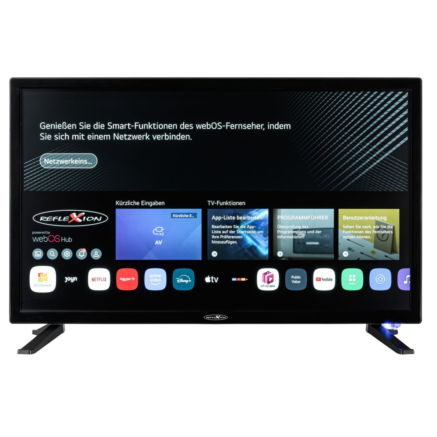 Ein schwarzer Fernseher mit einem Bildschirm, der eine webOS-Oberfläche anzeigt, mit verschiedenen App-Symbolen und Menüoptionen.