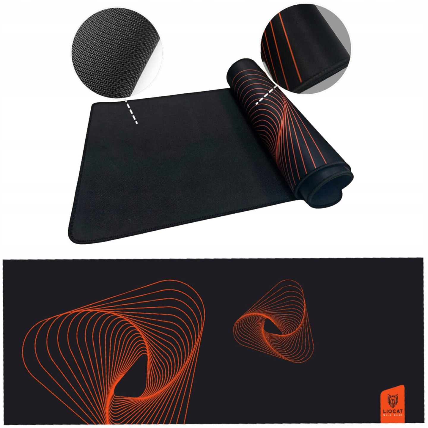 Schwarzes Mousepad mit orangefarbenen Wellenlinien. Aufgerollter Teil zeigt Textur und orangen Besatz. Unterer Teil zeigt Design.