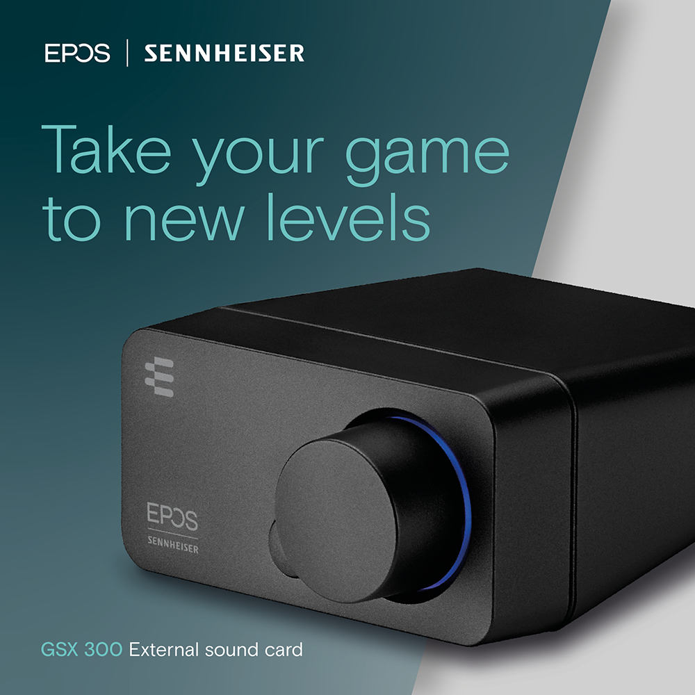 Schwarzes Soundkarten-Gerät mit blauem Licht. Der Text lautet 'Take your game to new levels'.