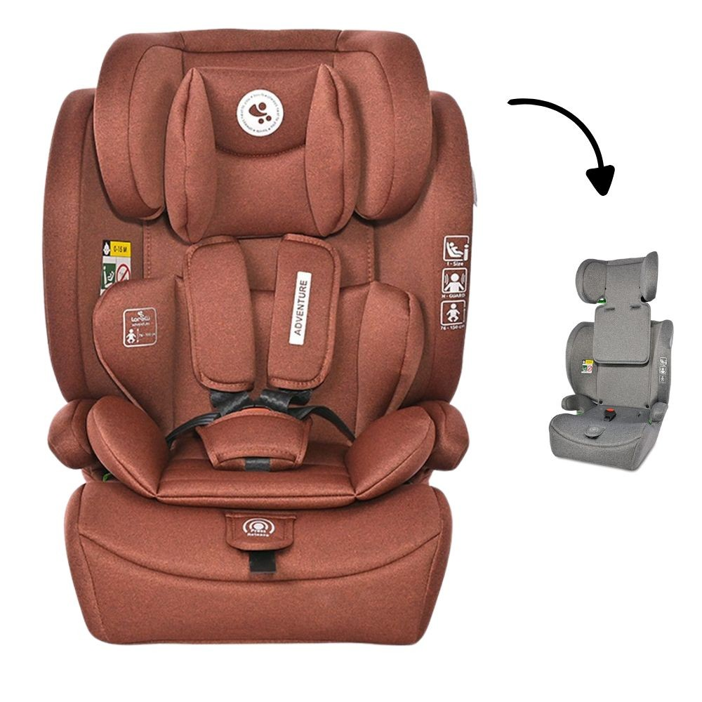 Kindersitz, braun, mit Kopfstütze und einer kleineren Version des Sitzes.