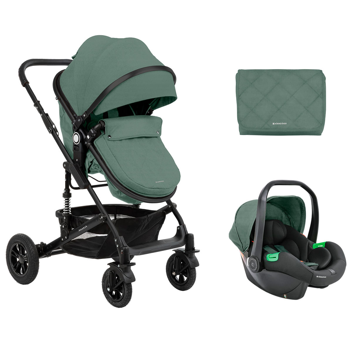 Grüner Kinderwagen mit Autositz und grüner Decke.