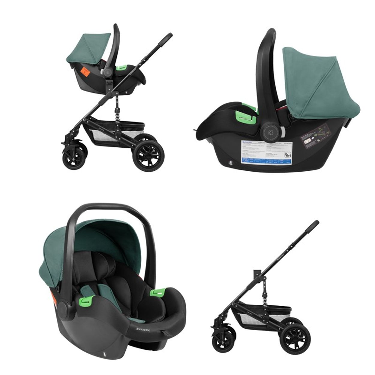 Vier Bilder, die einen Kinderwagen und einen Autositz mit grünem Verdeck zeigen. Inklusive Autoteile.