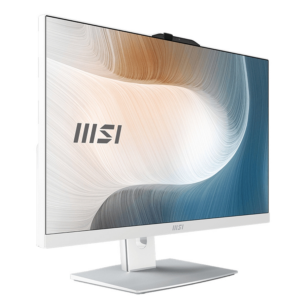 Monitor PC all-in-one MSI bianco. Supporto grigio. Il display mostra un motivo astratto ondulato.