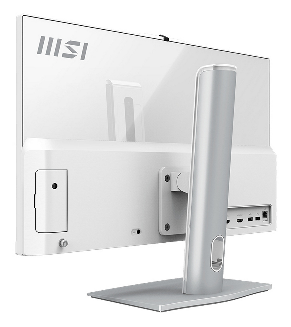Vista posteriore di un monitor PC all-in-one bianco. Supporto, porte e il logo MSI sono visibili.
