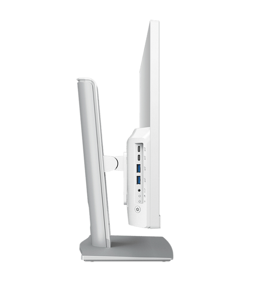 Vista laterale di un monitor PC all-in-one bianco. Mostra porte e un supporto. Bianco e grigio.