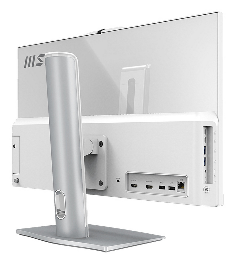 Vista posteriore di un monitor PC all-in-one bianco. Supporto, porte e il logo MSI sono visibili.