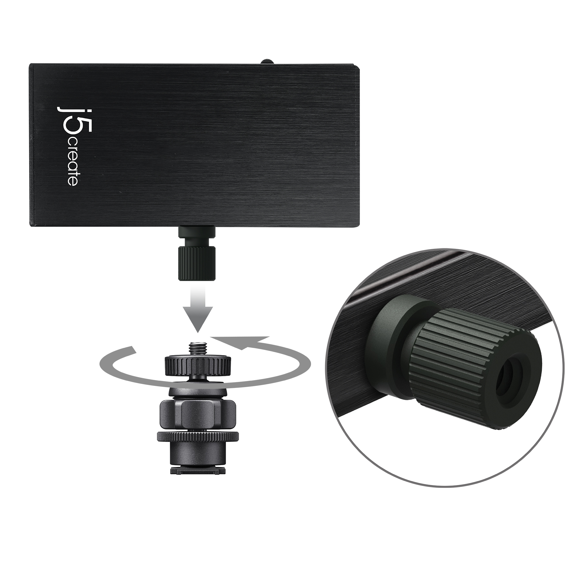 Czarne urządzenie j5create i mechanizm śrubowy. Urządzenie jest podłączane do śruby.