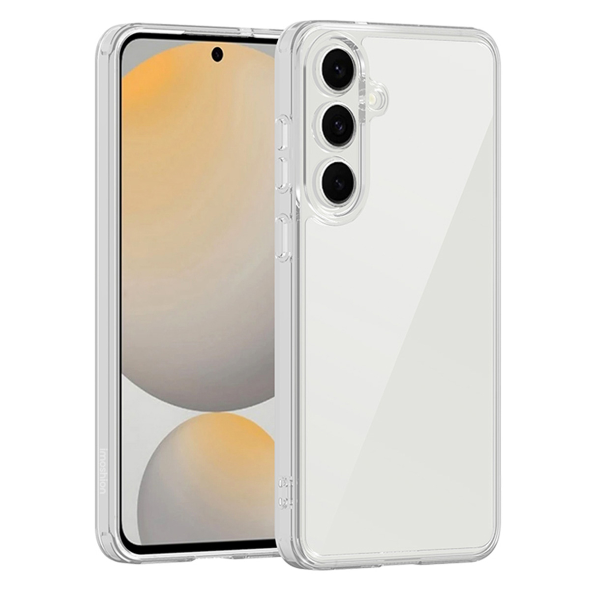 Een doorzichtige telefoonhoes met een telefoon erin. De telefoon heeft drie cameralenzen.
