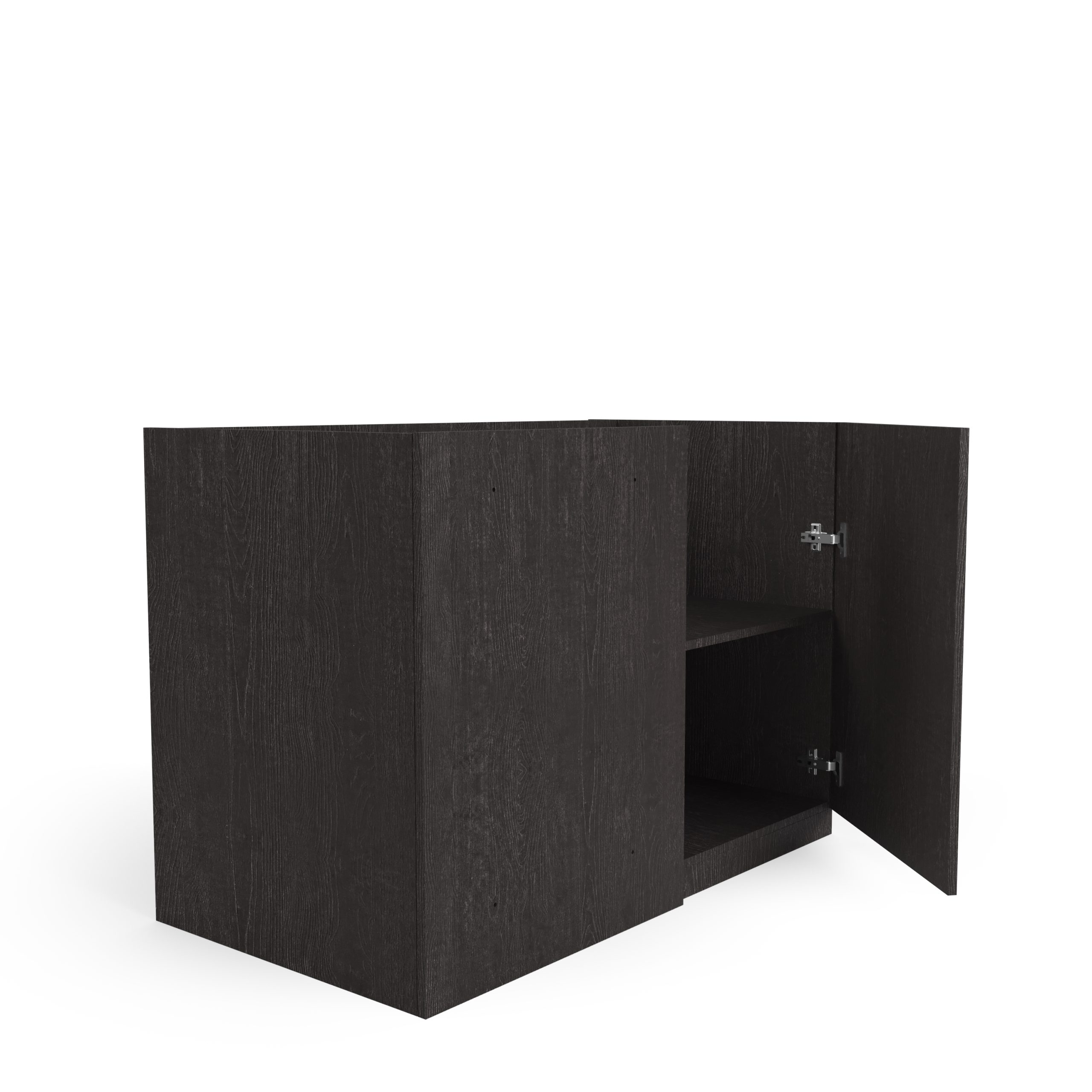 Ein dunkelbrauner Schrank mit offenen Türen, der ein Regal zeigt, auf weißem Hintergrund.