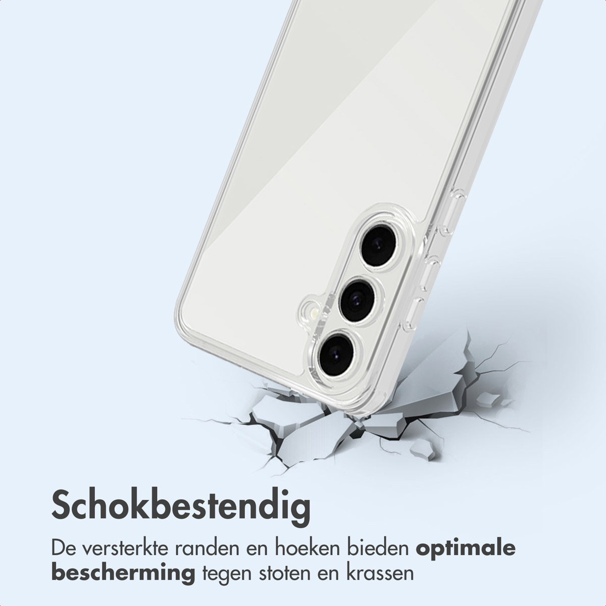Een telefoonhoesje op een gebarsten oppervlak. Nederlandse tekst: Schokbestendig.