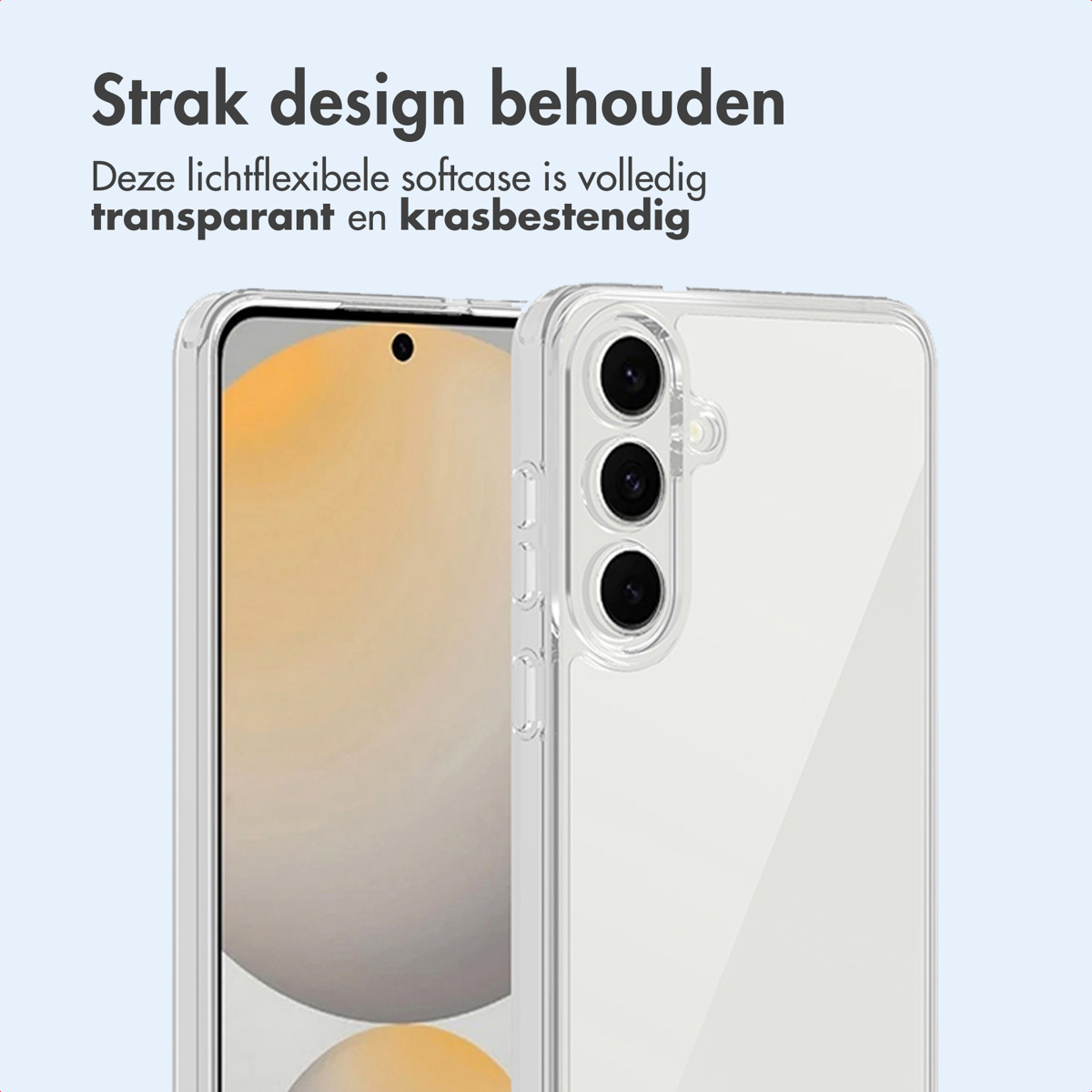 Een doorzichtige telefoonhoes wordt getoond op een lichtblauwe achtergrond, die de transparantie en beschermende eigenschappen toont.