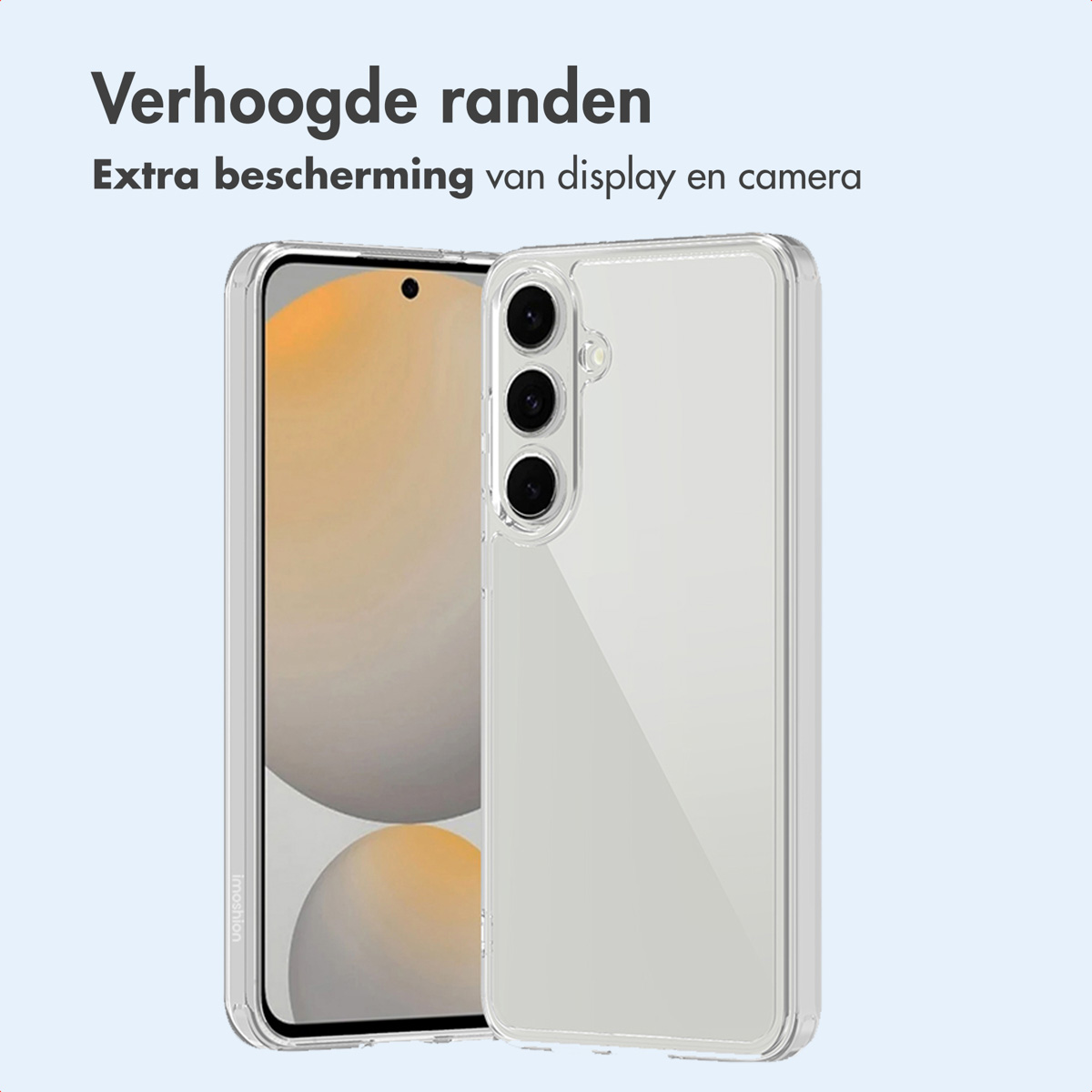 Een smartphone in een transparante hoes, met beschermende design met verhoogde randen.