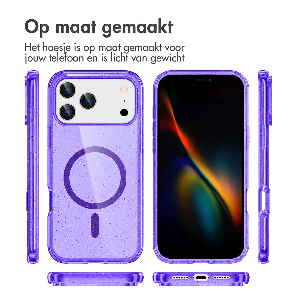 Coques de téléphone violettes avec un design circulaire, montrant l'arrière et les côtés du téléphone.