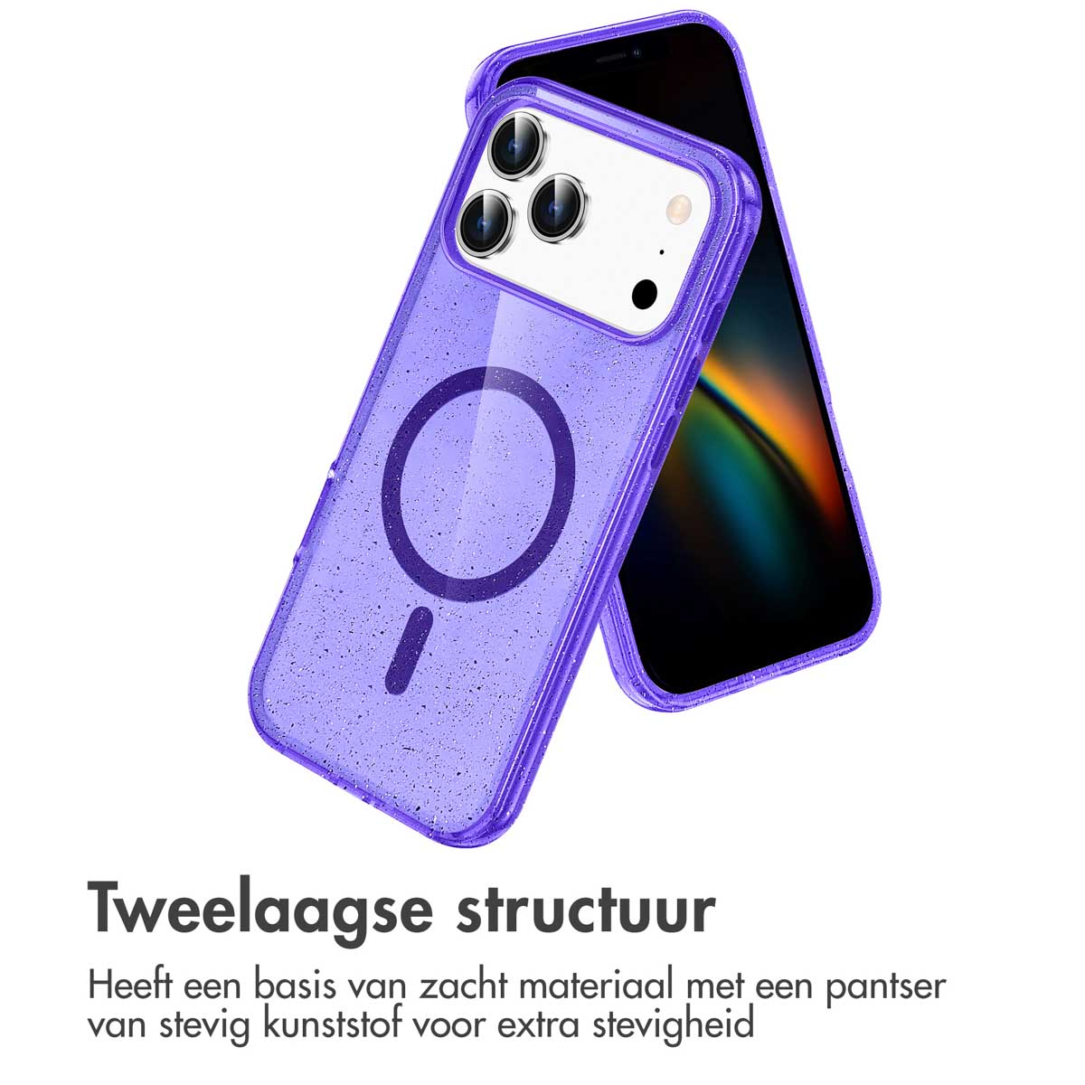 Coque de téléphone violette à paillettes montrant une structure à deux couches pour une protection accrue.