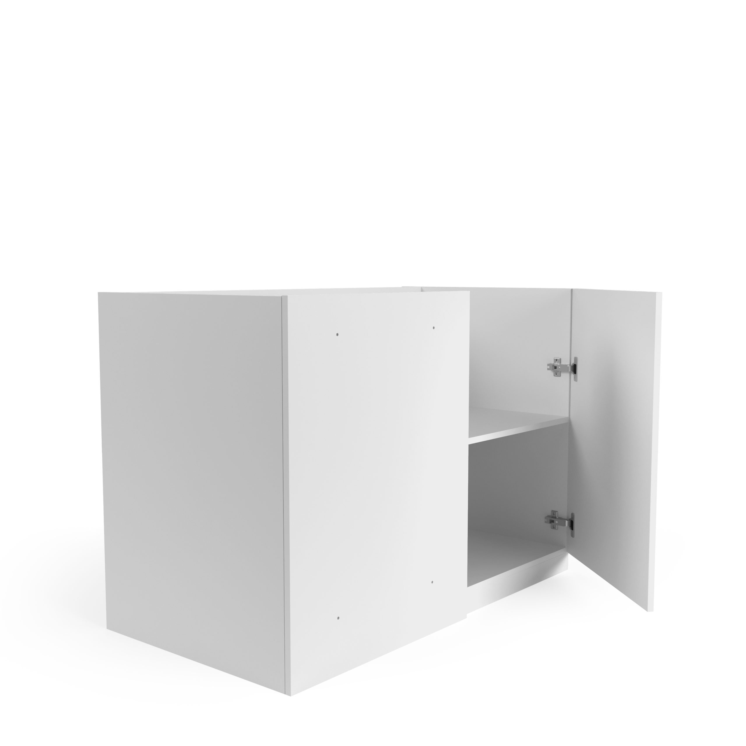 Weißer Schrank mit zwei geöffneten Türen, der ein Regal im Inneren zeigt. Der Hintergrund ist schlicht weiß.